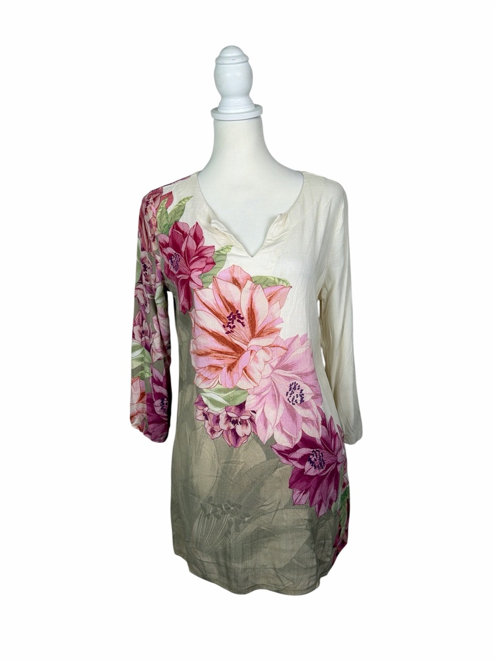 Soft Surroundings Floral Tunic Top Boho Cottagecore Stretch Rayon Cream Pink